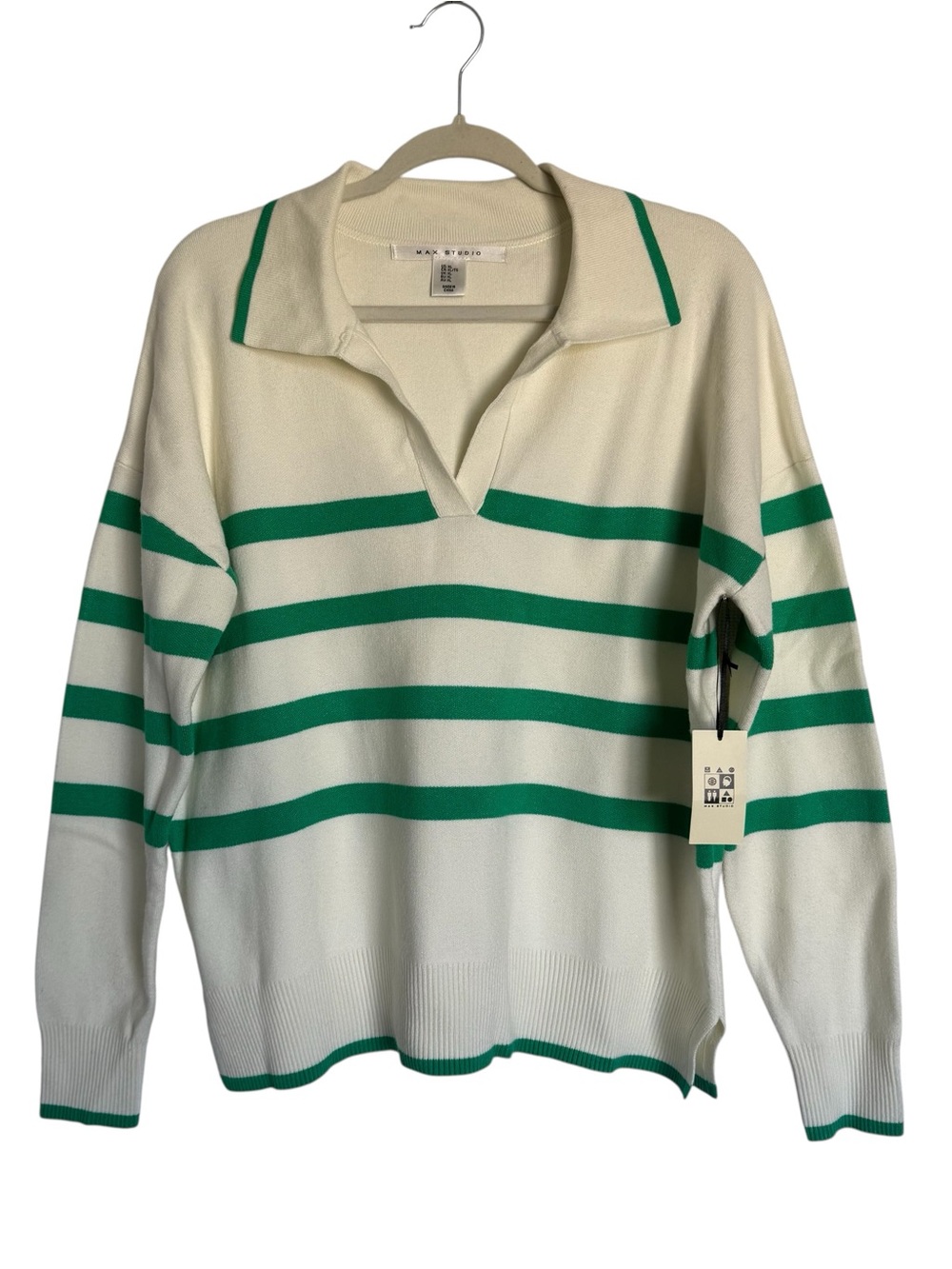 Max Studio| Striped Polo Knit Sweater| Cream and Green